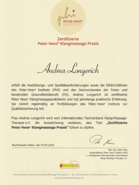 Seelenbalance Biedenkopf - Zertifikat Peter Hess®-Klangmassage-Praxis